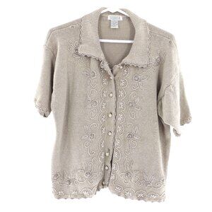 Vintage Sellecca Embellished Knit Cardigan Women L Cream Grannycore Cottage Twee